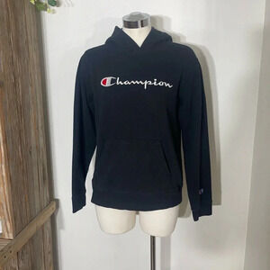 Champion unisex kids logo embroidered black pull over hoodie sweatshirt size xl